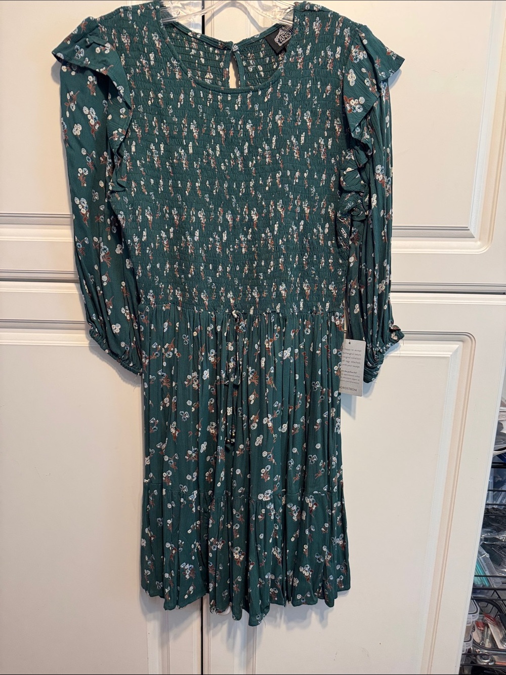 Angie Teal Green Floral Smocked Long Sleeve Dress